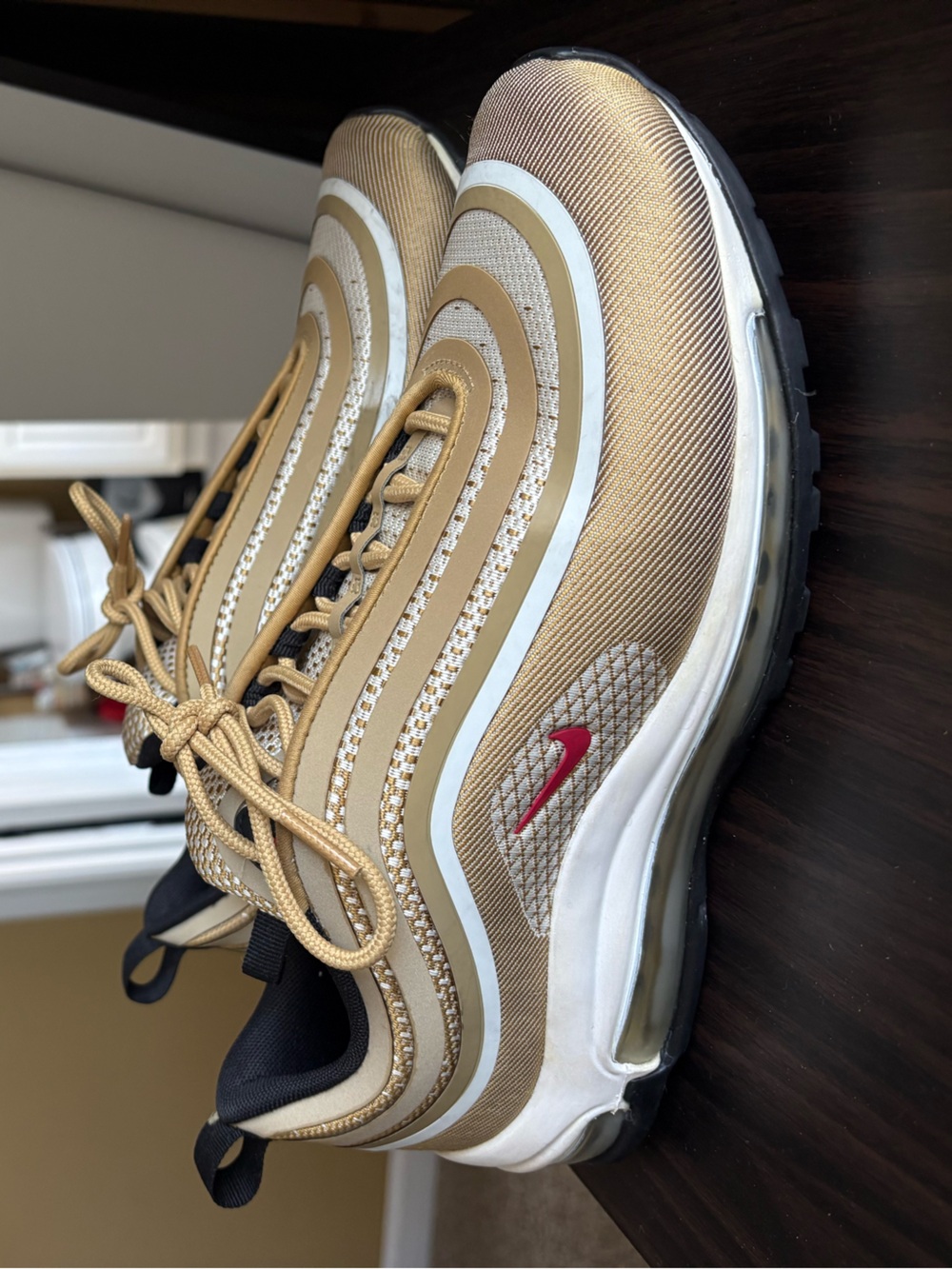 Nike Men’s Air Max 97 in Metallic Gold with Red Swoosh